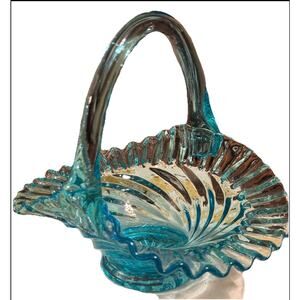 Vintage Blue Ruffled Basket, Fenton Art Glass, Candy Dish, Fancy Blue Glass